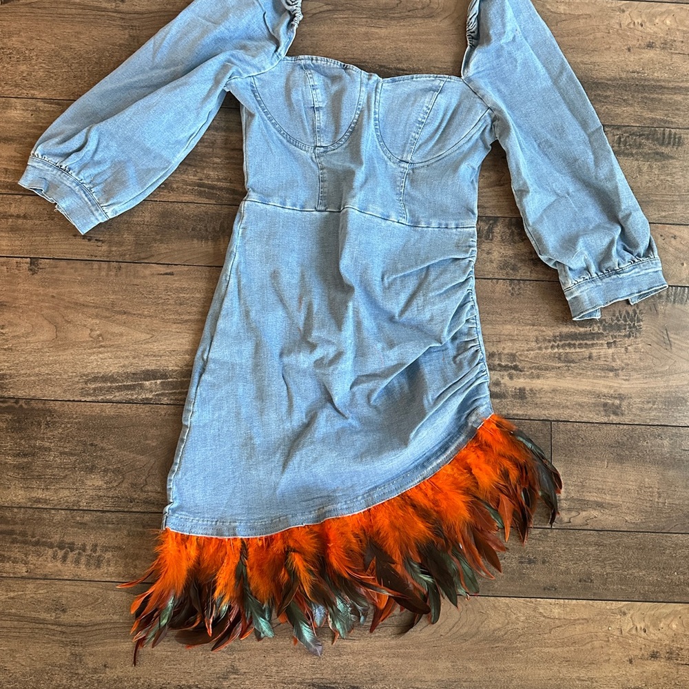 Denim Dress with Feather Hem